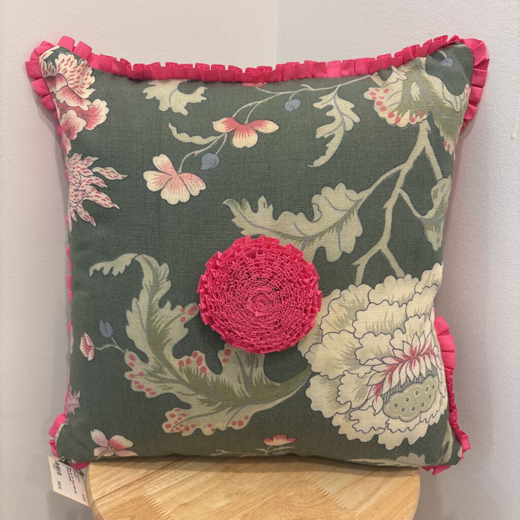 Pillow-16 x 16 --Green with pink rosette and border