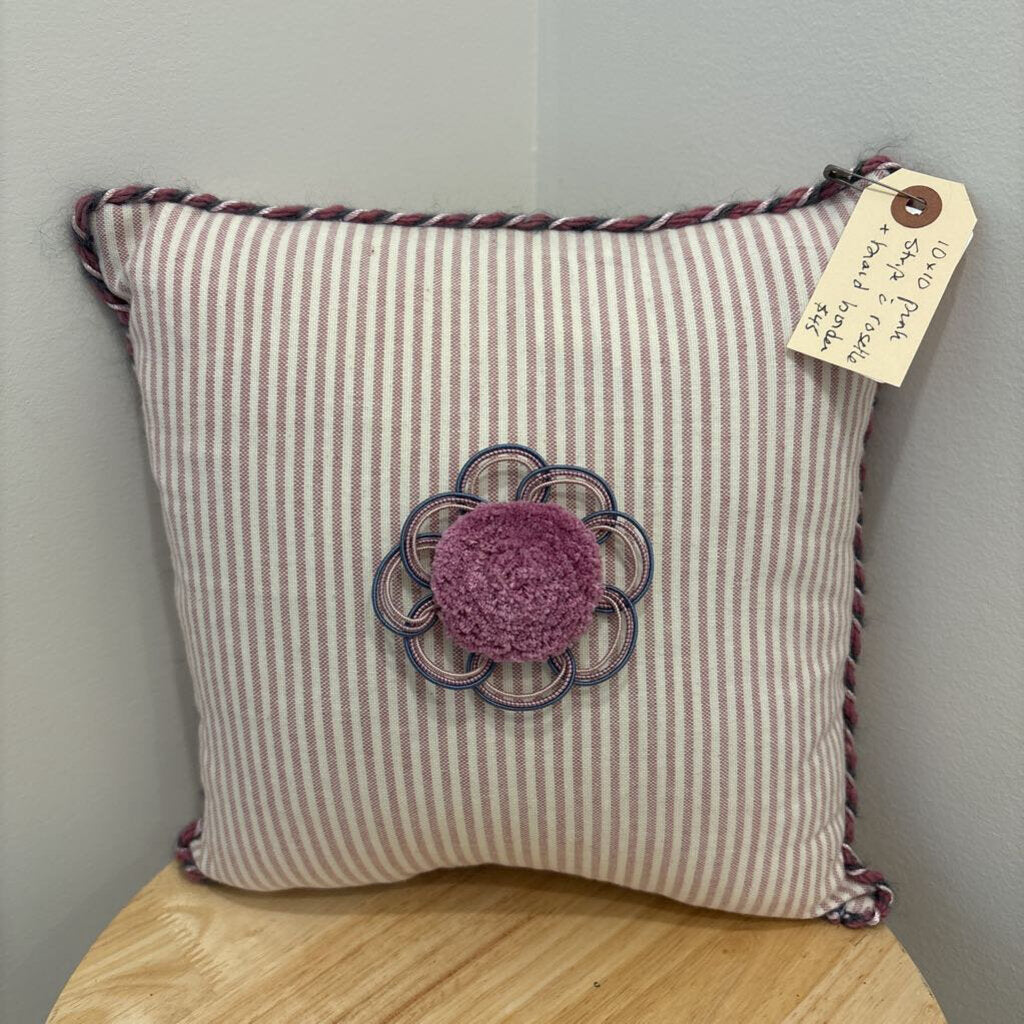Pillow-10x10--pink stripe with rosette and braid border