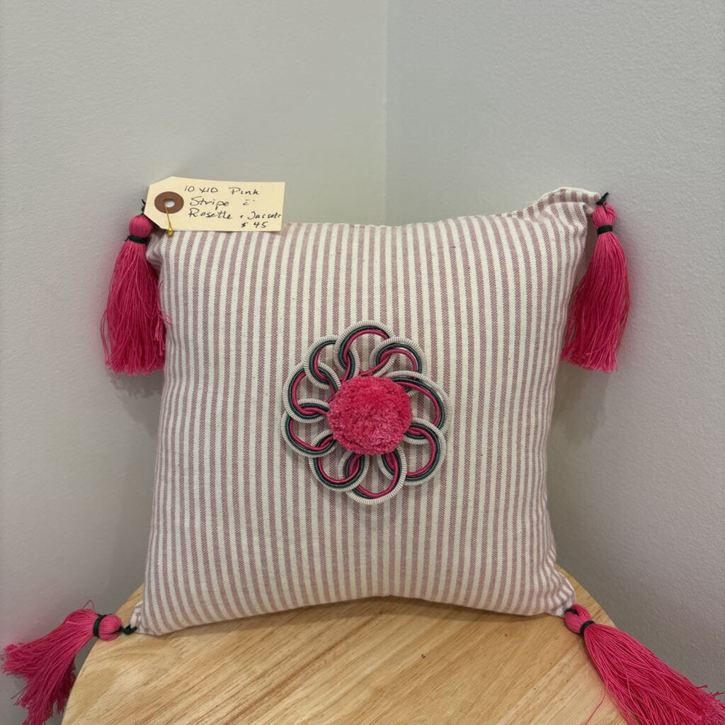 Pillow-10x10--pink stripe with rosette and tassels