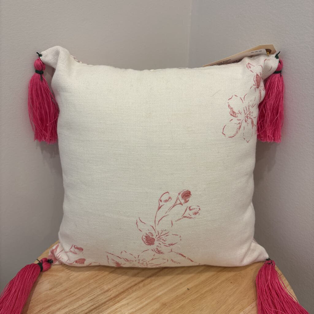 Pillow-10x10--pink stripe with rosette and tassels