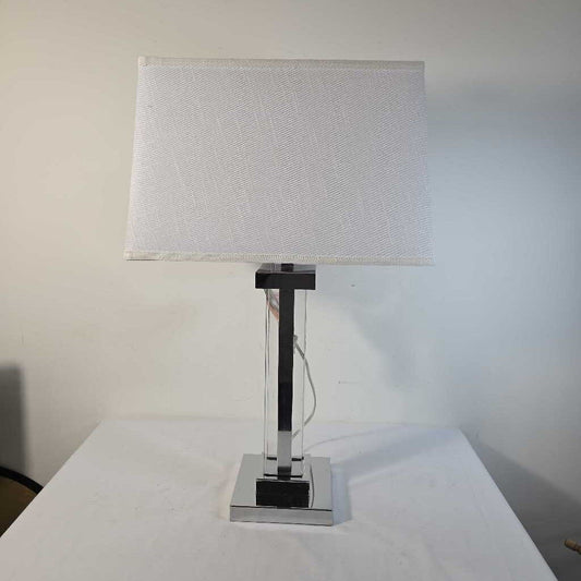 CHROME & GLASS LAMP W/ WHITE SHADE