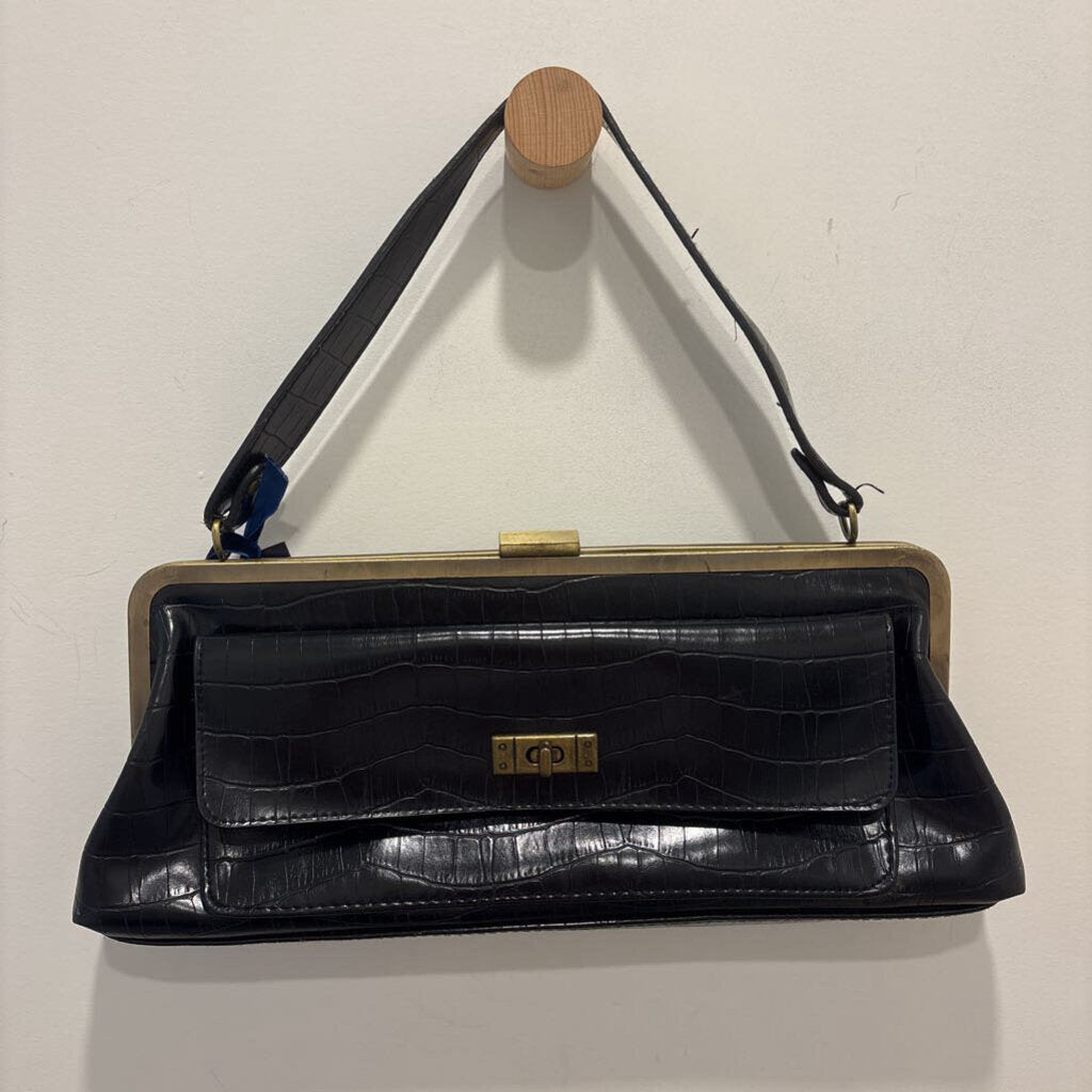 DENVER HAYES BLACK CROC EMBOSSED STRUCTURED RETRO HANDBAG