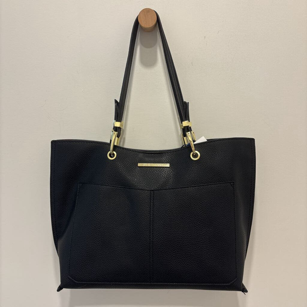 STEVE MADDEN BLACK PEBBLED FAUX LEATHER BAG WITH FLORAL LINING