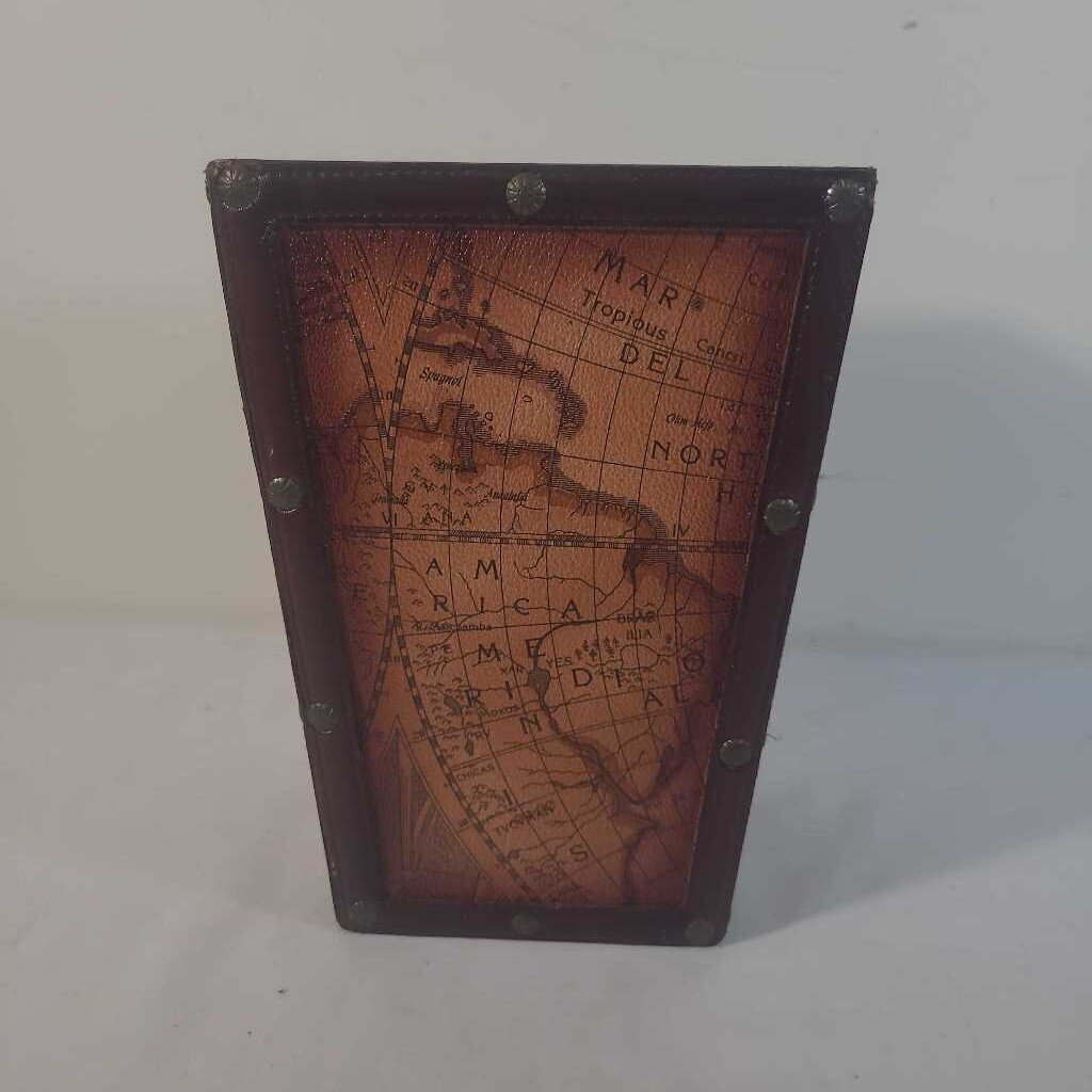 WOOD/ FAUX LEATHER OLD WORLD MAP VASE