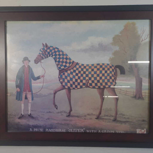 A PRIZE RACEHORSE "OLIVER" WITH GROOMER