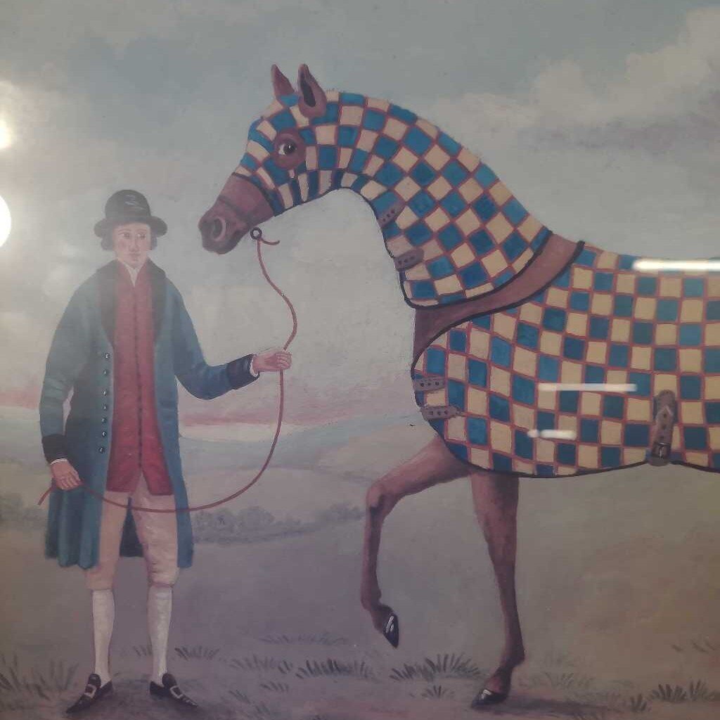 A PRIZE RACEHORSE "OLIVER" WITH GROOMER