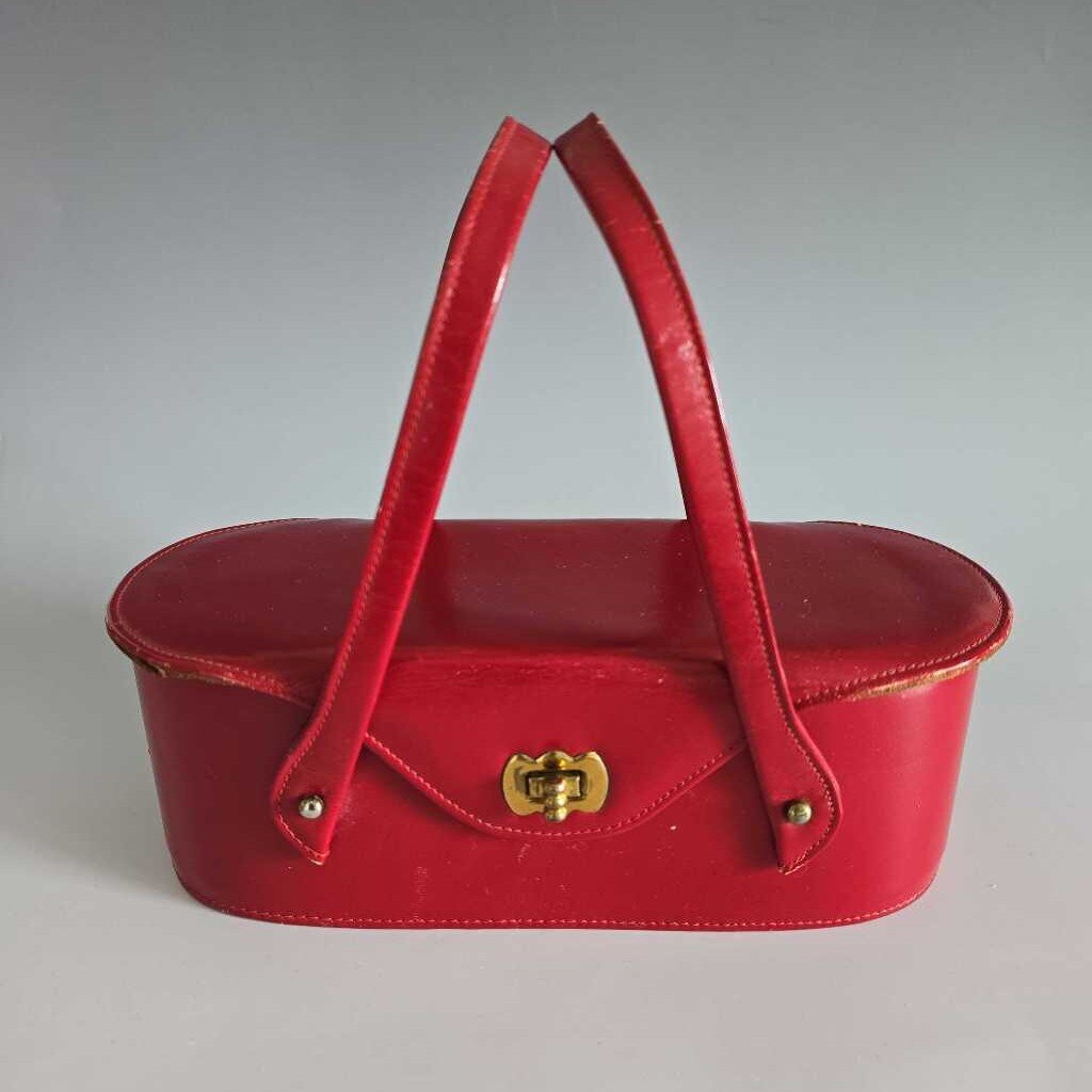 1950s Red Leather Box Purse Suede Interior