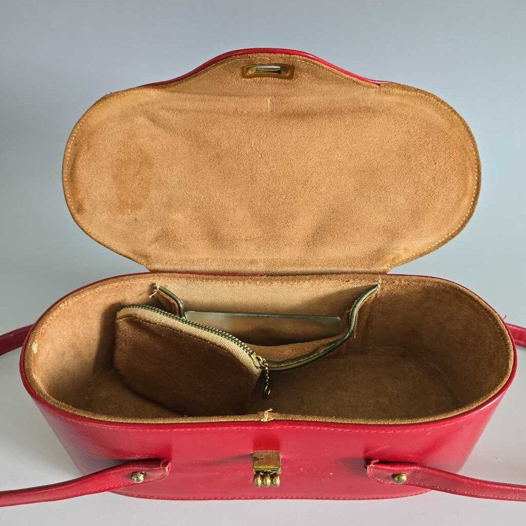 1950s Red Leather Box Purse Suede Interior