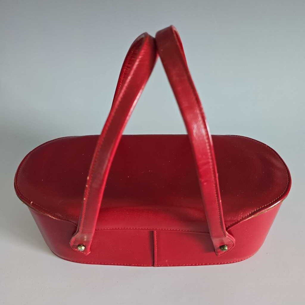 1950s Red Leather Box Purse Suede Interior