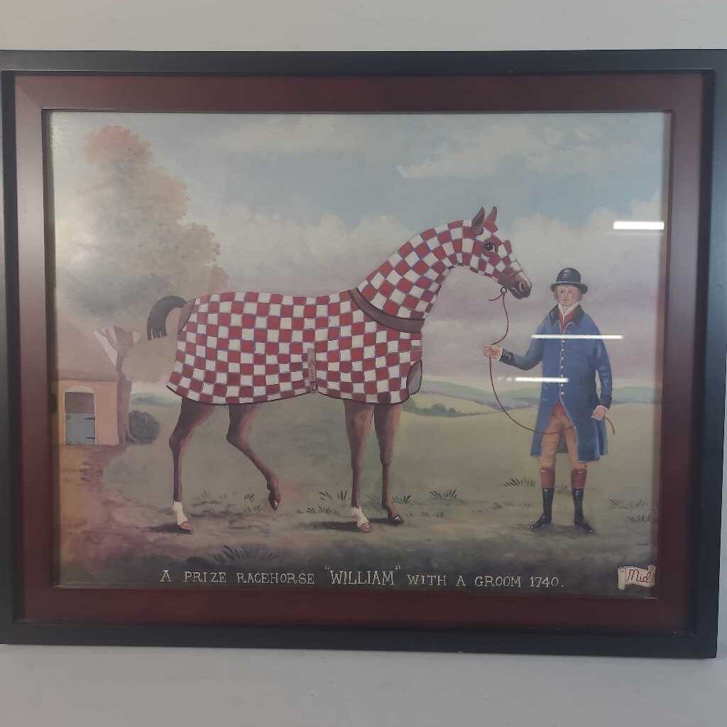 A PRIZE RACEHORSE "WILLIAM" WITH GROOMER