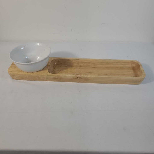 2pc WOOD W/ CERAMIC BOWL APPETIZER SET