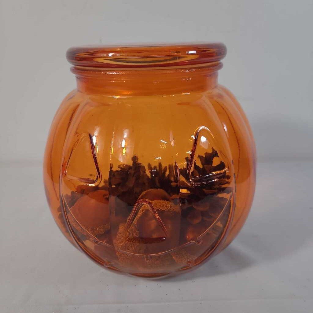 ORANGE PUMPKIN LIDDED JAR W/ACORNS & PINECONES