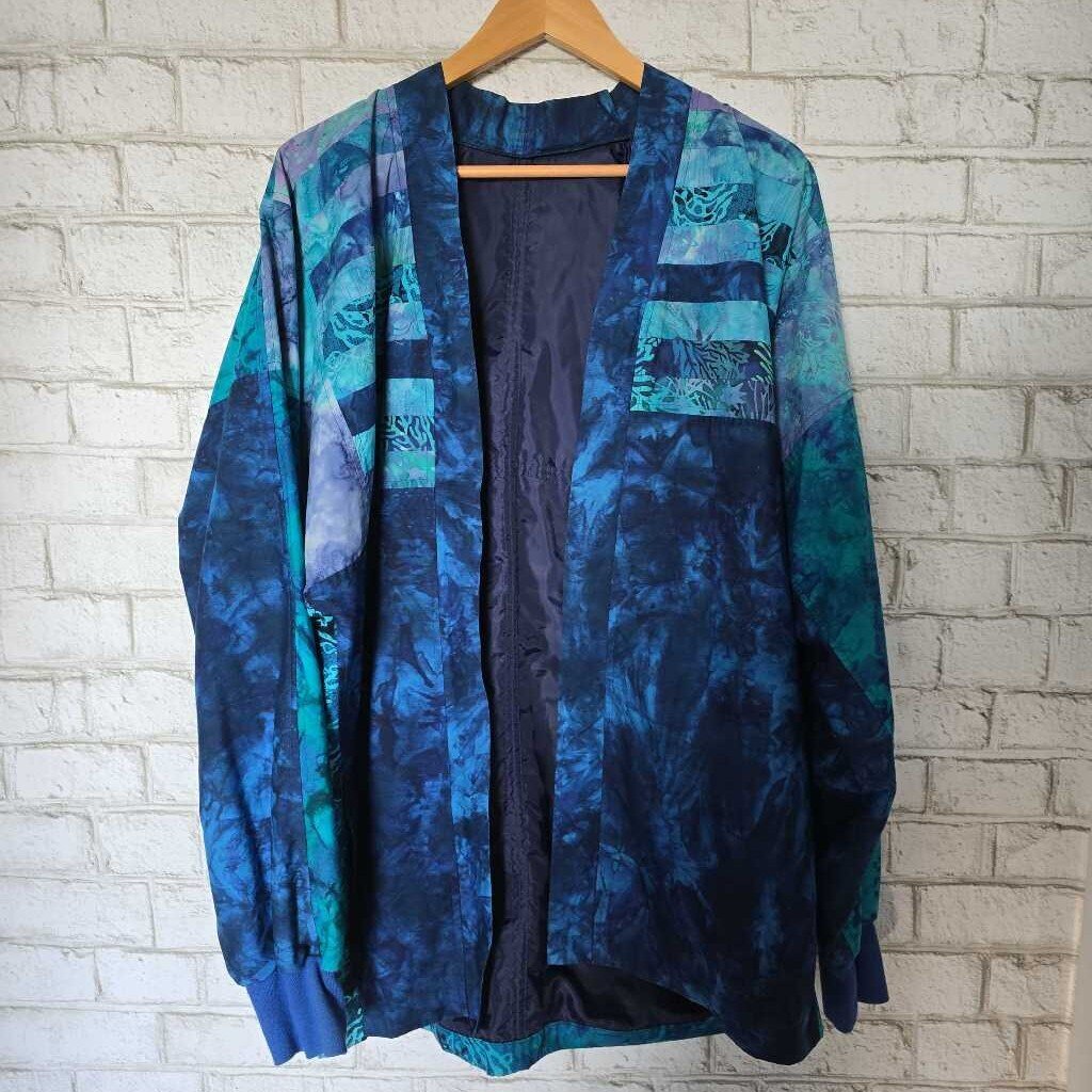 Vintage Hand Made Blue Patterned Open Jacket XL+