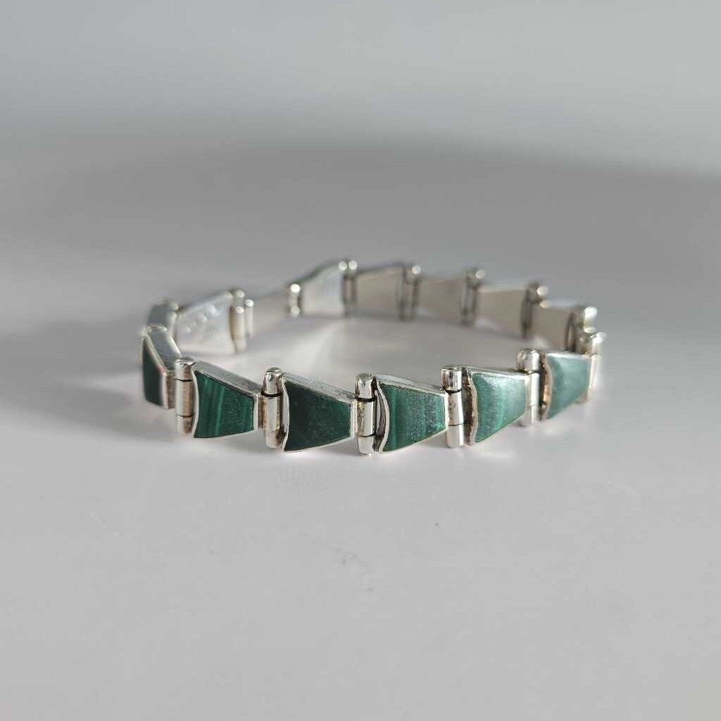 Vintage TAXCO 950 Sterling Silver & Malachite Bracelet SZ 7