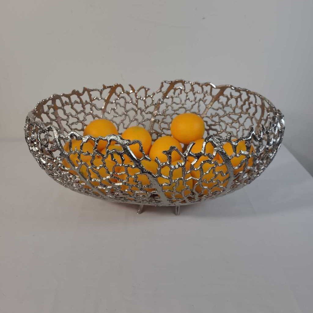 LG SILVER CUTOUT BOWL W/FAUX ORANGES