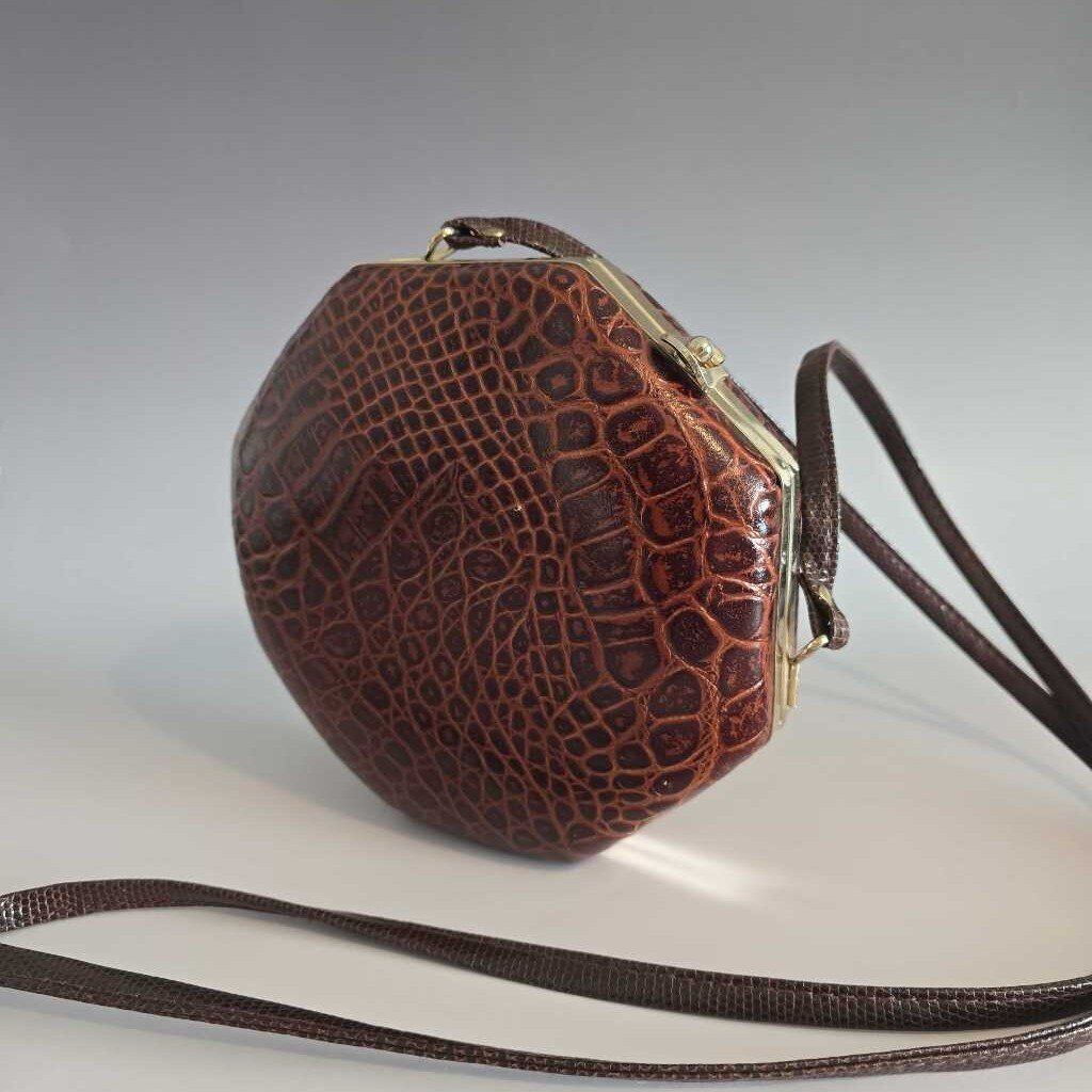 Vintage Octagonal Crocodile Embossed Leather & Brass Purse Made in Italy