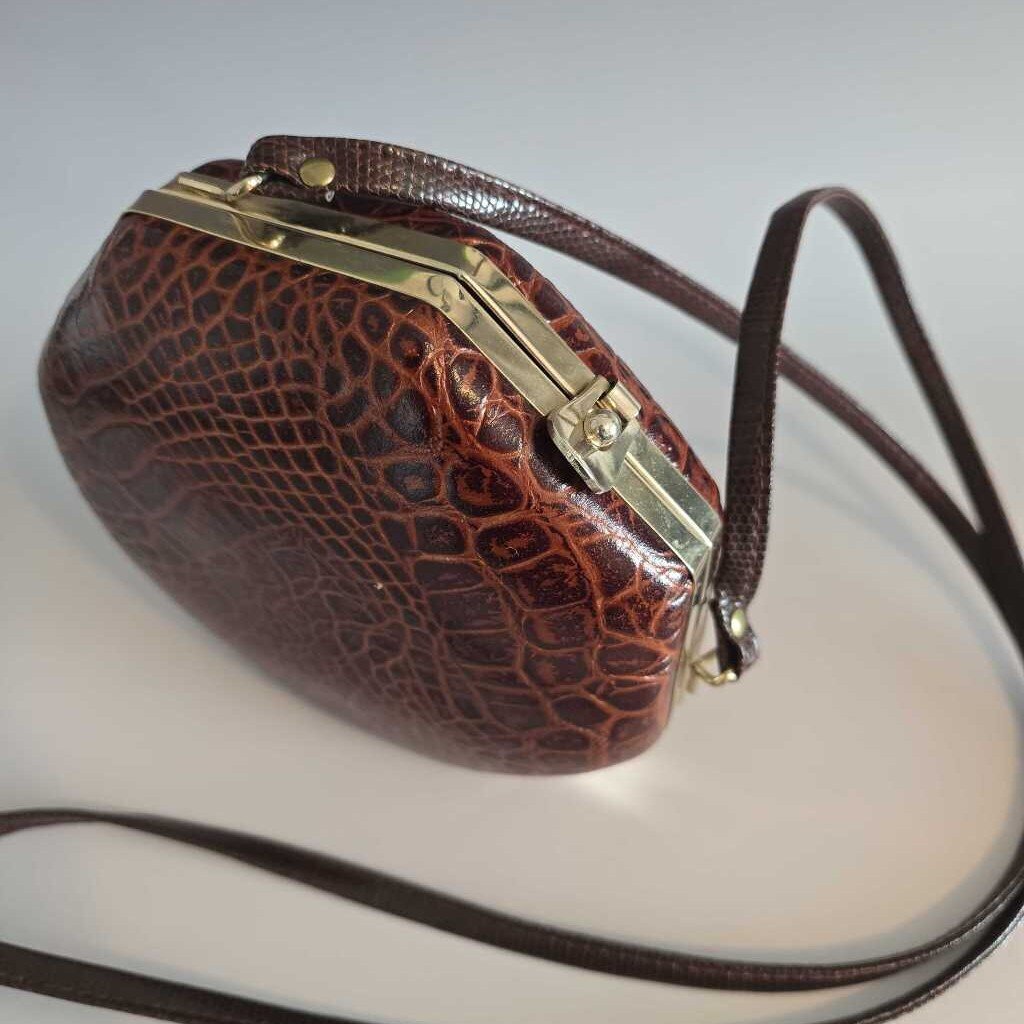 Vintage Octagonal Crocodile Embossed Leather & Brass Purse Made in Italy