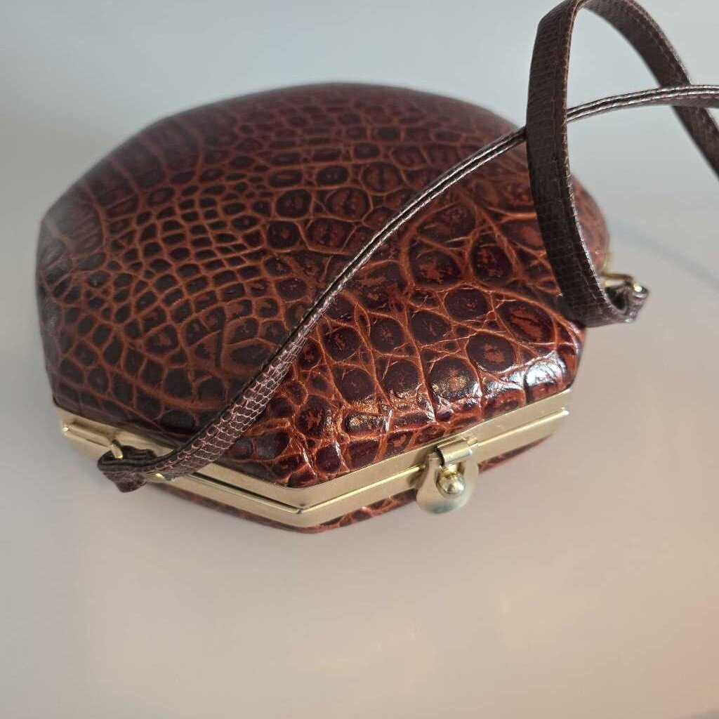 Vintage Octagonal Crocodile Embossed Leather & Brass Purse Made in Italy