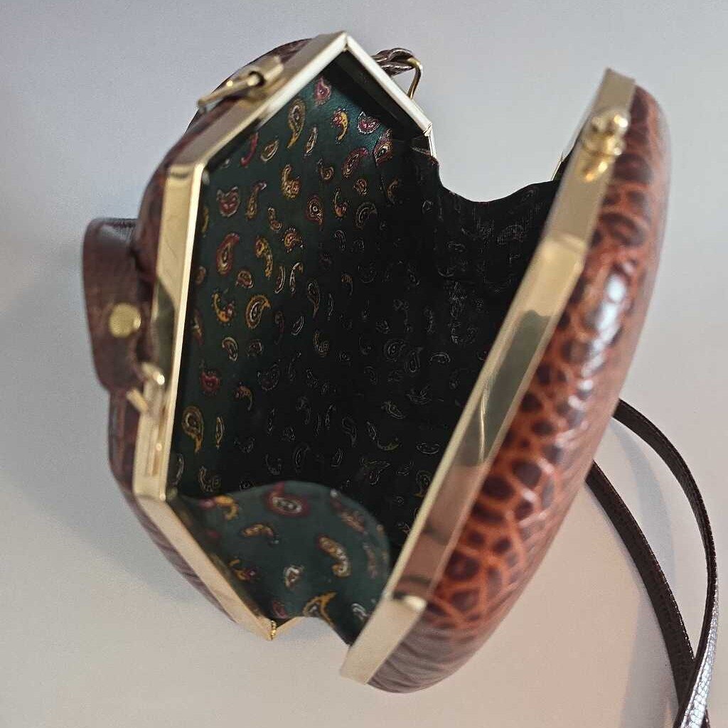 Vintage Octagonal Crocodile Embossed Leather & Brass Purse Made in Italy