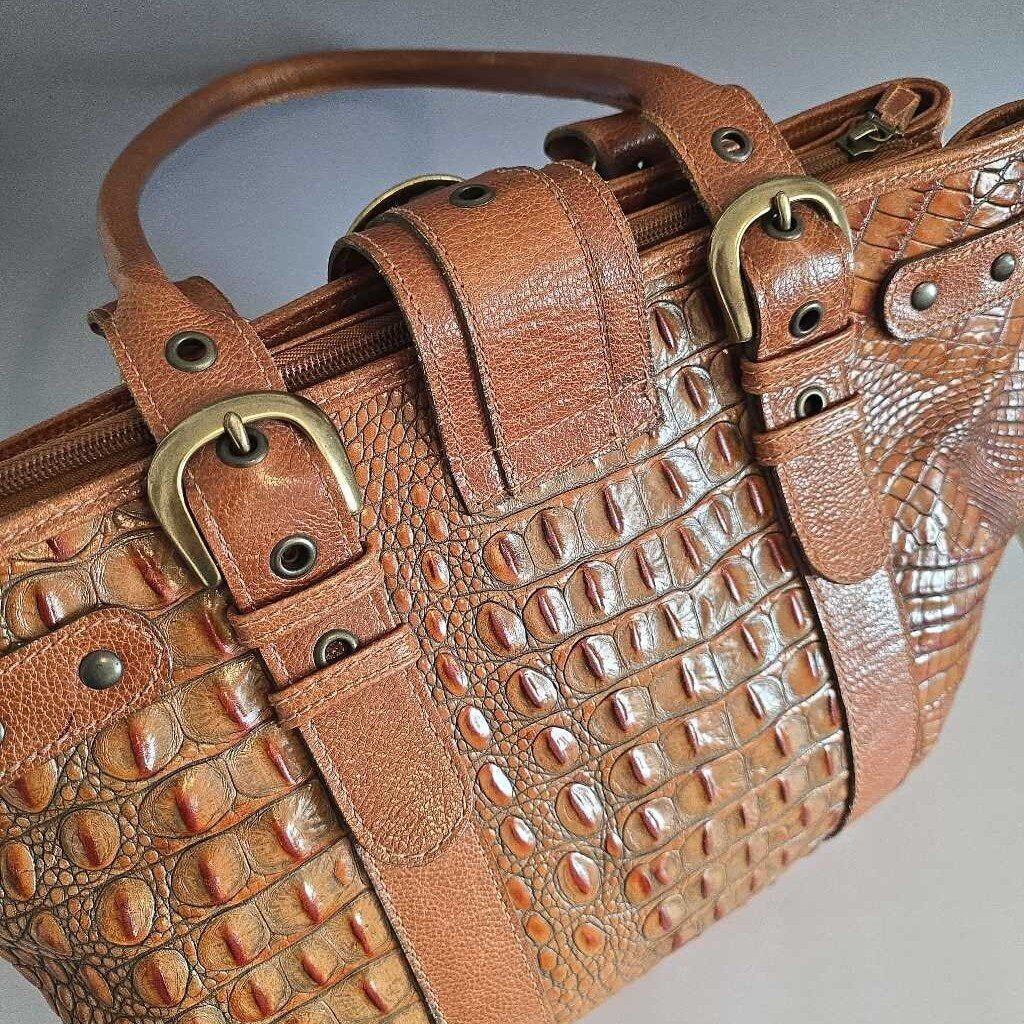 Vintage Edmond Salama MATTEO MIO Cognac Crocodile Embossed Leather Shoulder Bag
