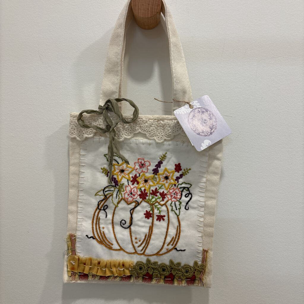 Canvas Bag ( Medium) hand stitched pumpkin with flowers