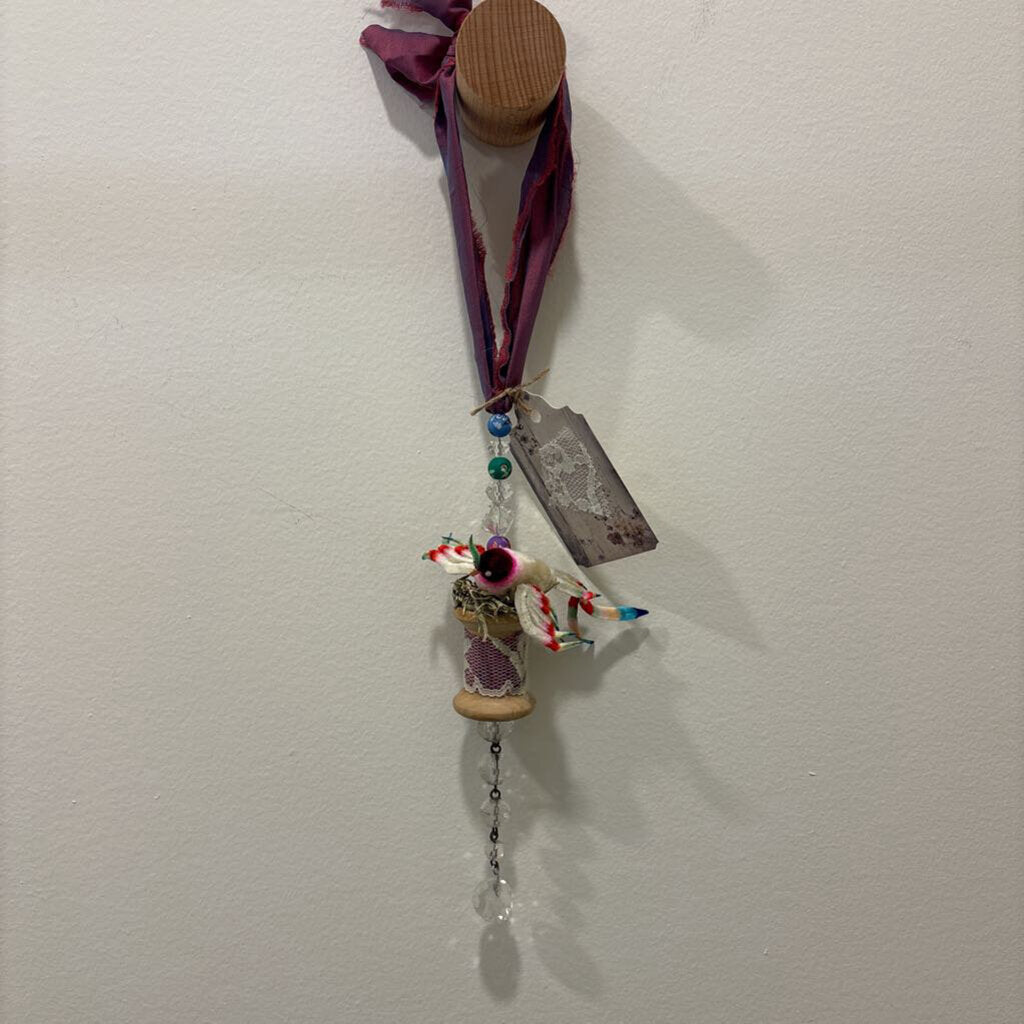 Vintage Spool with Bird and Crystal Hangers