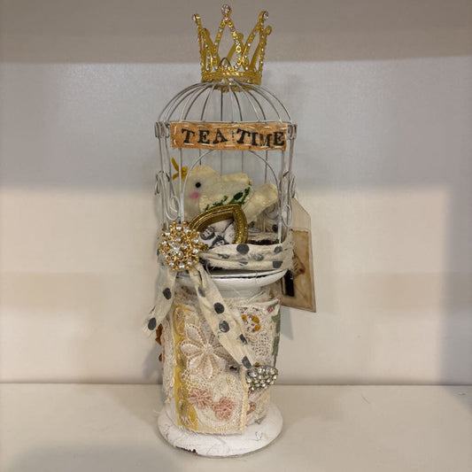 Bird Cage on a Decorated Vintage Spool with a Hand Sewn Felt Bird