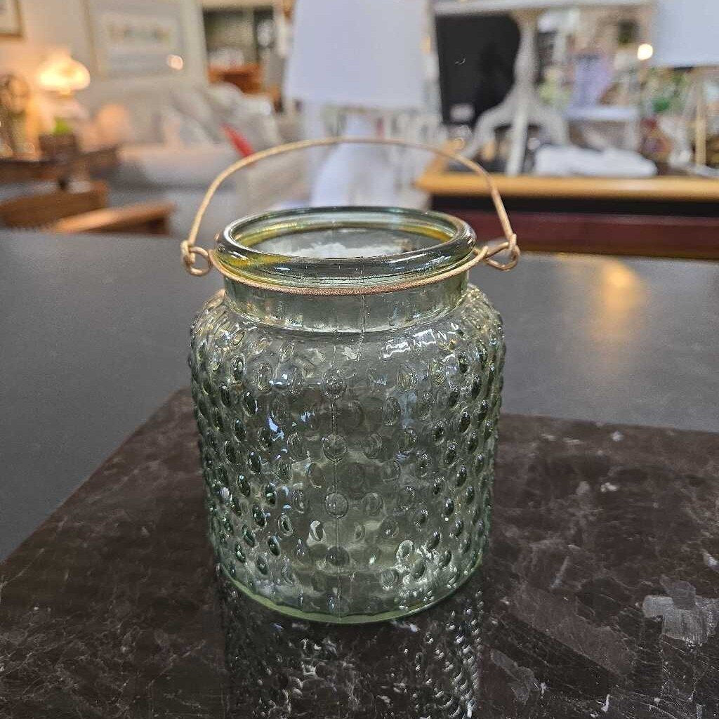 GREEN GLASS JAR W/GOLD HANDLE