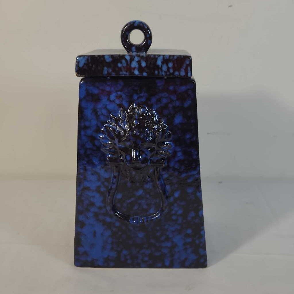 BLACK/BLUE CERAMIC LION HEAD LIDDED CANISTER