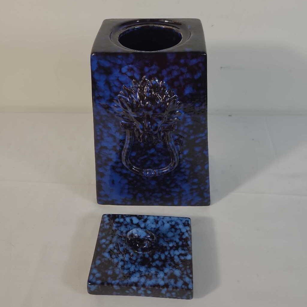 BLACK/BLUE CERAMIC LION HEAD LIDDED CANISTER