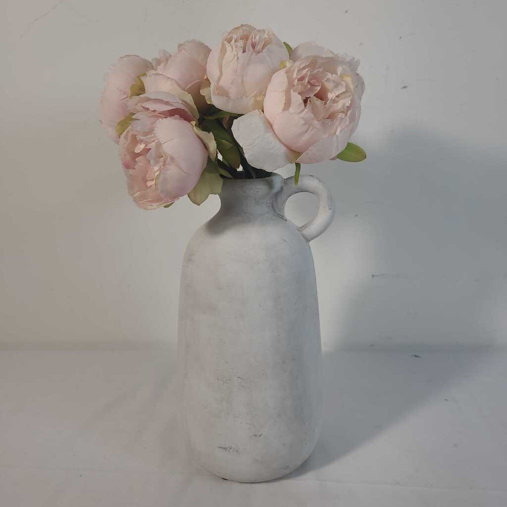 WHITE JUG VASE W/ PINK FLOWERS