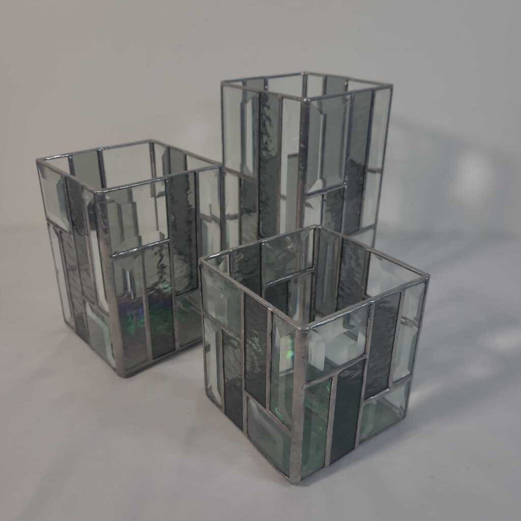 S/3 CUSTOM MADE STAIN GLASS CANDLE HOLDERS