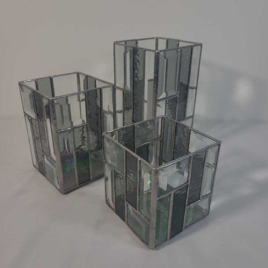 S/3 CUSTOM MADE STAIN GLASS CANDLE HOLDERS