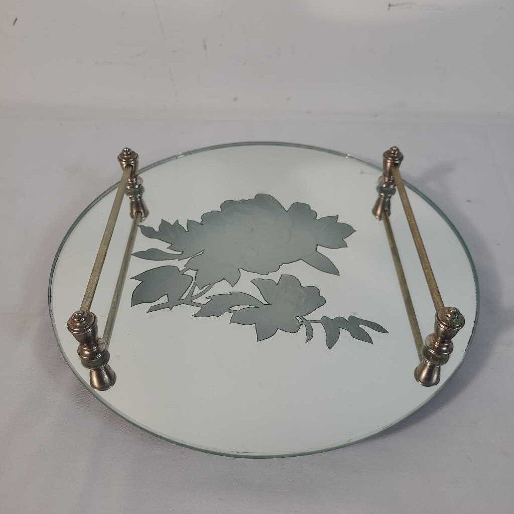 MIRRORED TRAY W/ SILVER HANDLES
