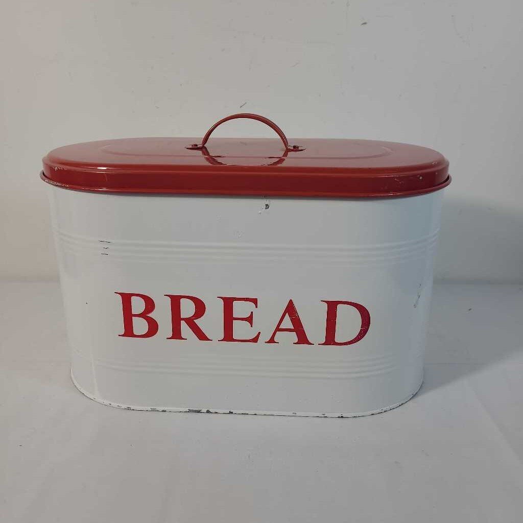 RED & WHITE TIN BREAD BOX