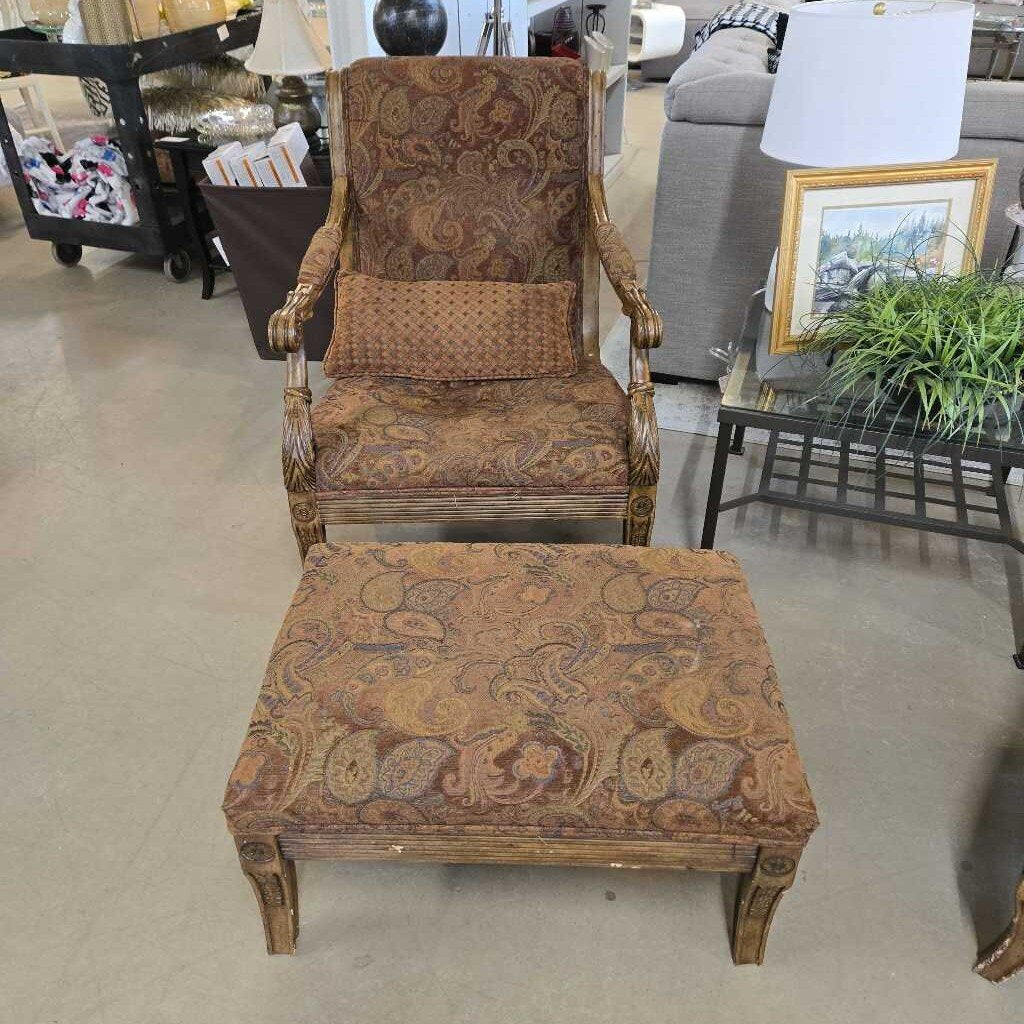 BROWN PAISLEY ARM CHAIR W/FOOTREST