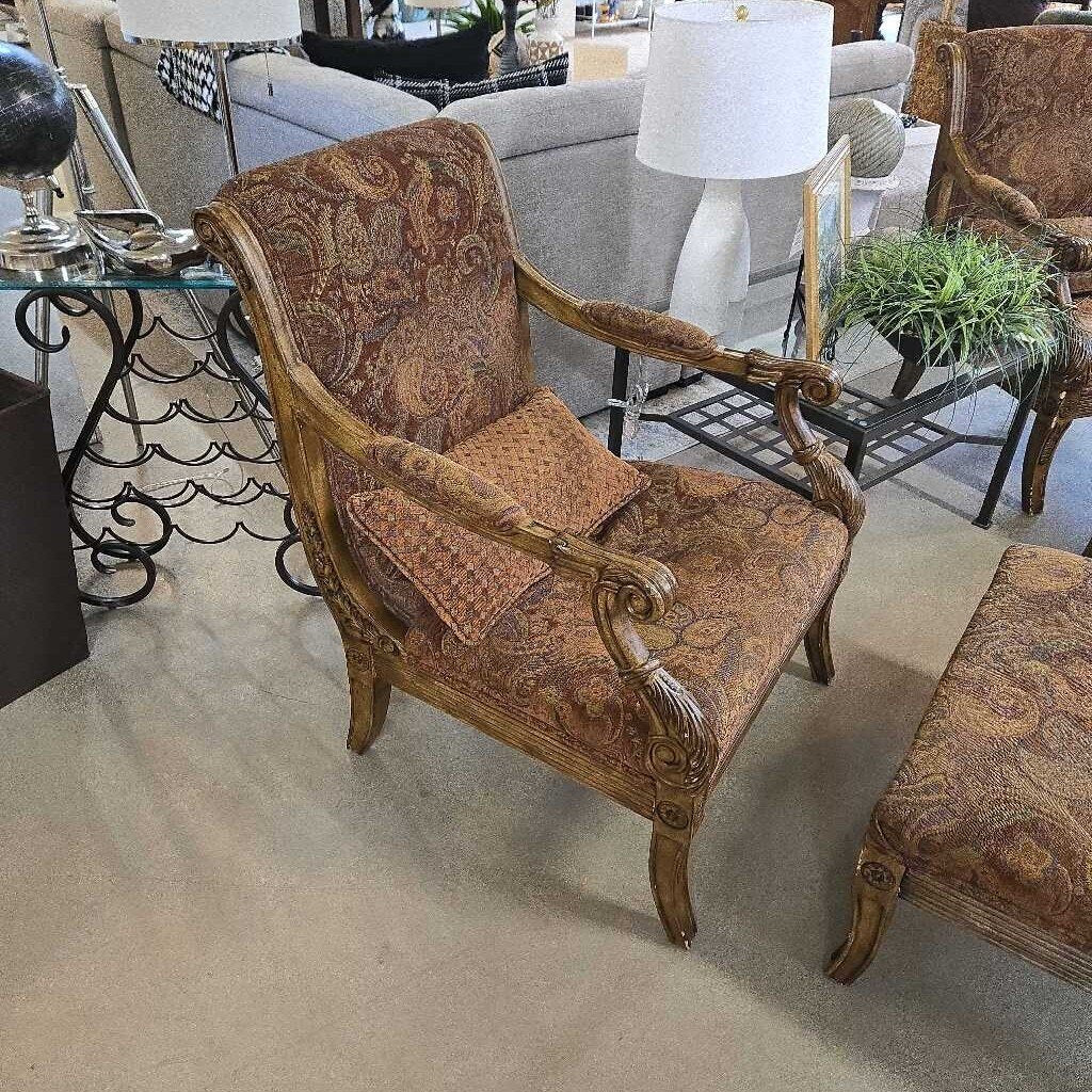 BROWN PAISLEY ARM CHAIR W/FOOTREST