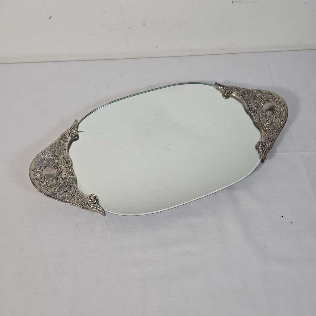 MIRRORED TRAY W/SILVER HANDLES