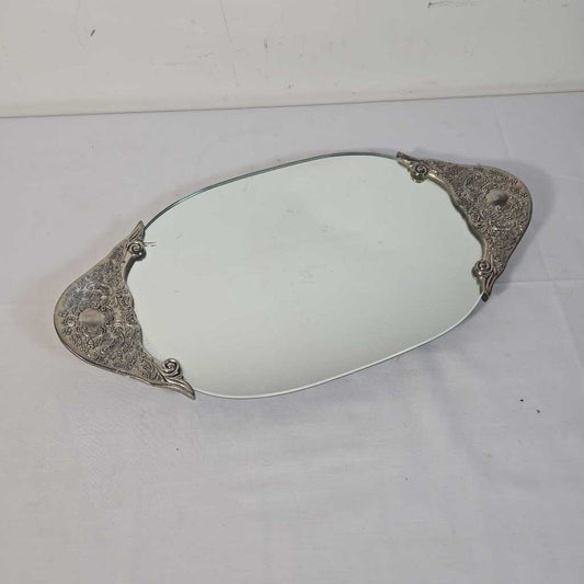 MIRRORED TRAY W/SILVER HANDLES