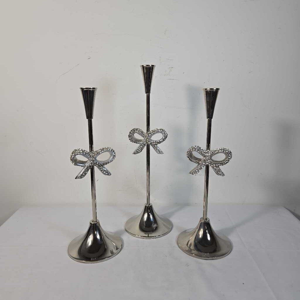 S/3 SILVER BOW CANDLESTICKS