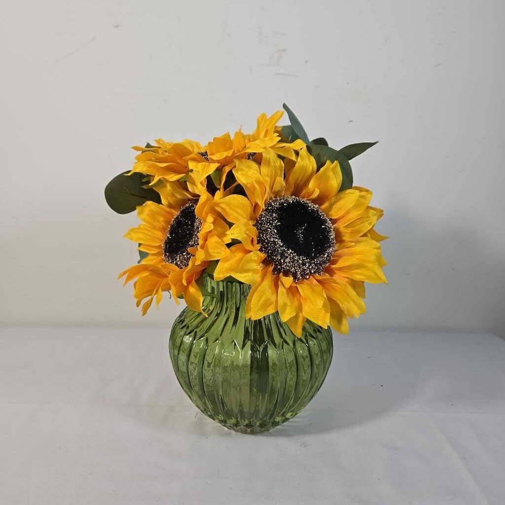 SUNFLOWERS IN GREEN GLASS VASE