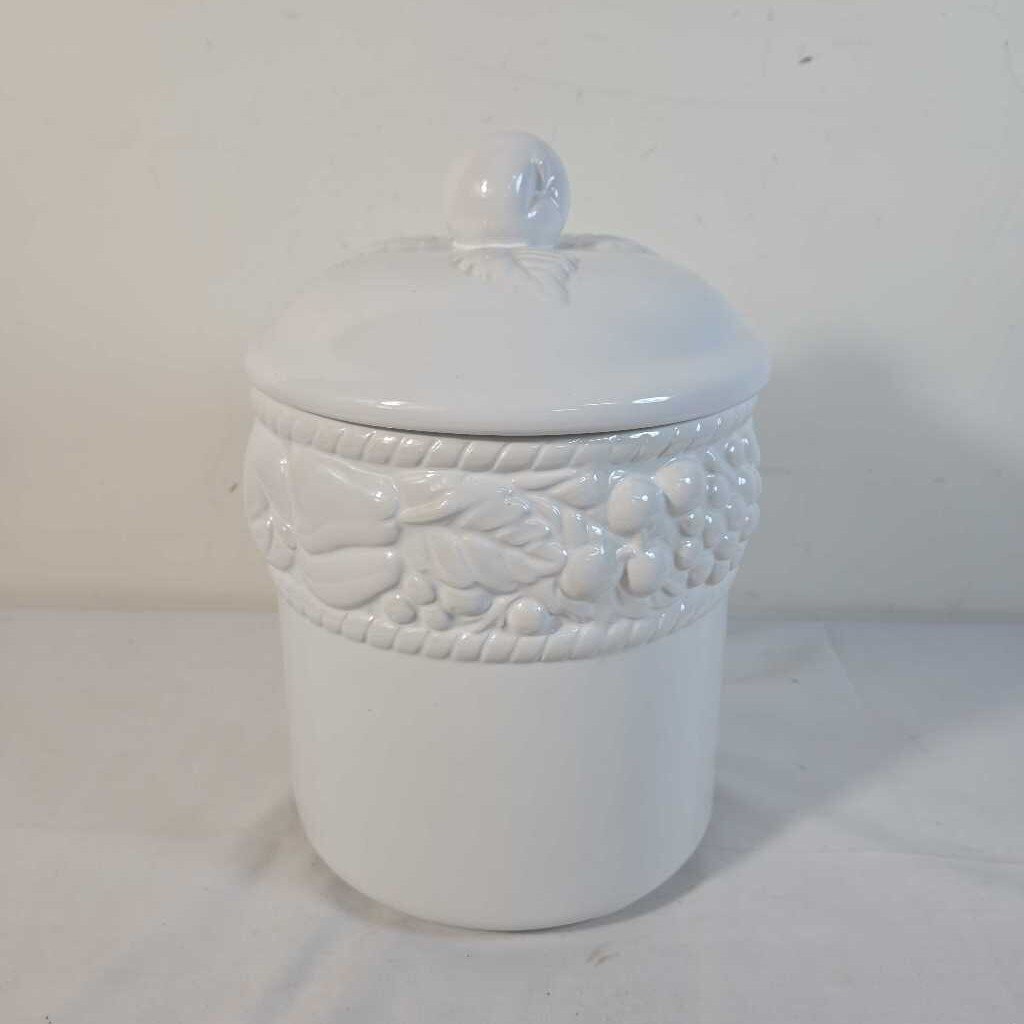 LIDDED WHITE CERAMIC FRUIT JAR