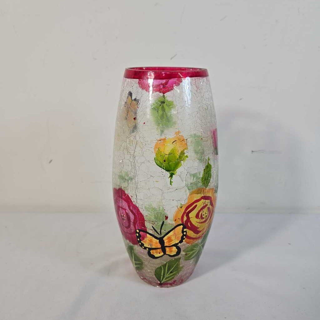 CRACKLE VASE W/FLOWERS & BUTTERFLIES