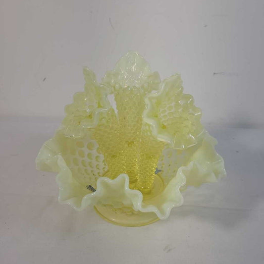 "RARE" VTG FENTON TOPAZ OPALESCENT VASELINE GLASS HOBNAIL 3 TRUMPET EPERGNE