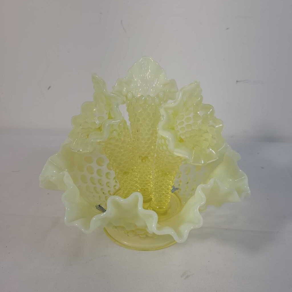 "RARE" VTG FENTON TOPAZ OPALESCENT VASELINE GLASS HOBNAIL 3 TRUMPET EPERGNE