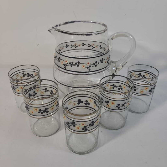 VTG HAND PAINTED JUG & 5 JUICE GLASSES
