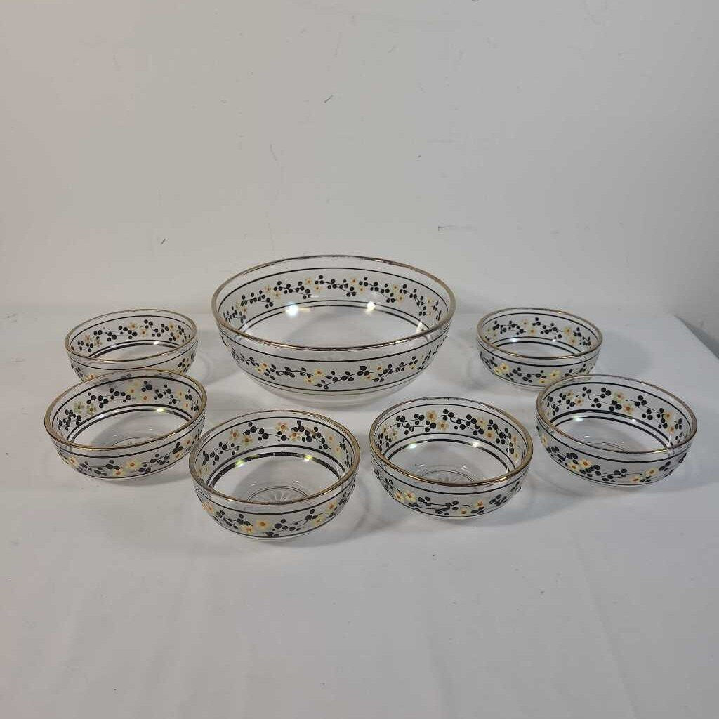 VTG 7 PC HAND PAINTED SALAD SET YELLOW & BLACK FLOWERS