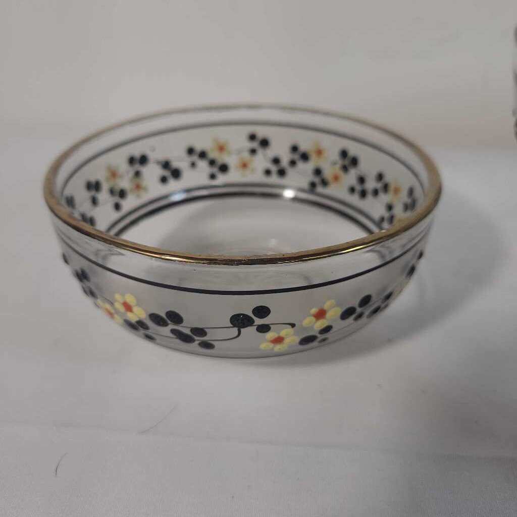 VTG 7 PC HAND PAINTED SALAD SET YELLOW & BLACK FLOWERS