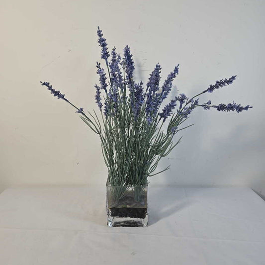 FAUX LAVENDER IN GLASS POT