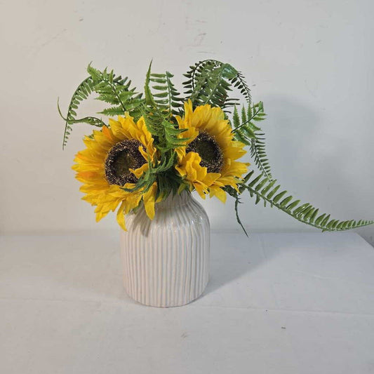 SUNFLOWERS IN WHITE RIBBED POT
